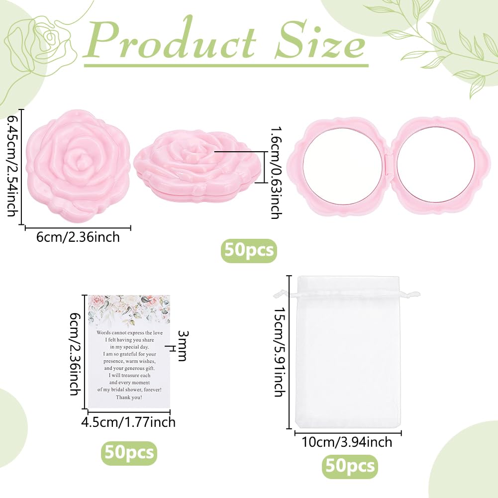 PH PandaHall 50 Sets Brautparty-Gastgeschenke, Rose, kompakter Spiegel, Hochzeitsgeschenke, Organza-Geschenkbeutel, rosa Taschenspiegel mit Dankeskarten für Gäste, Verlobungszeremonie, Brautjungfern