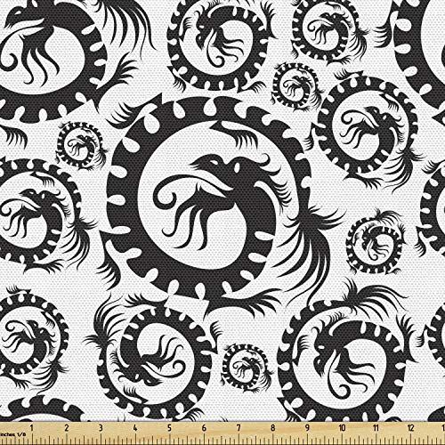 Ambesonne Dragon Fabric by The Yard, Antique Art Chinese Dragon Pattern Design Vintage Illustration Retro Print, Decorative Fabric for Upholstery and Home Accents, 1 Yard, White Black