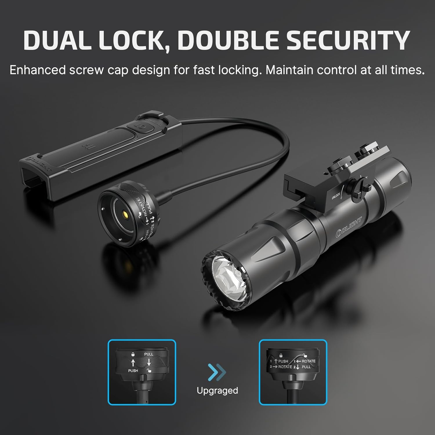 The OLIGHT Odin S weaponlight and its remote pressure switch, showing the upgraded magnetic remote switch with a secure screw cap design for a snug and stable connection.
