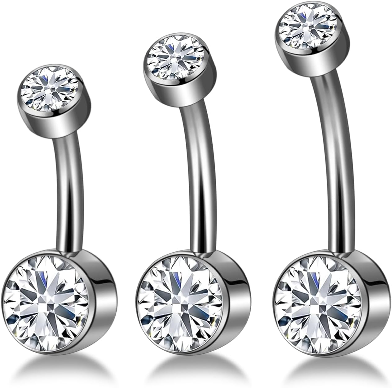 Titanium Belly Button Ring Set (4 Lengths, 14G) ,Hypoallergenic Curved Barbell Navel Piercing Jewelry with 5mm & 8mm Cubic Zirconia Crystals,Floating Belly Button Rings (7 Iridescent Body Colors)