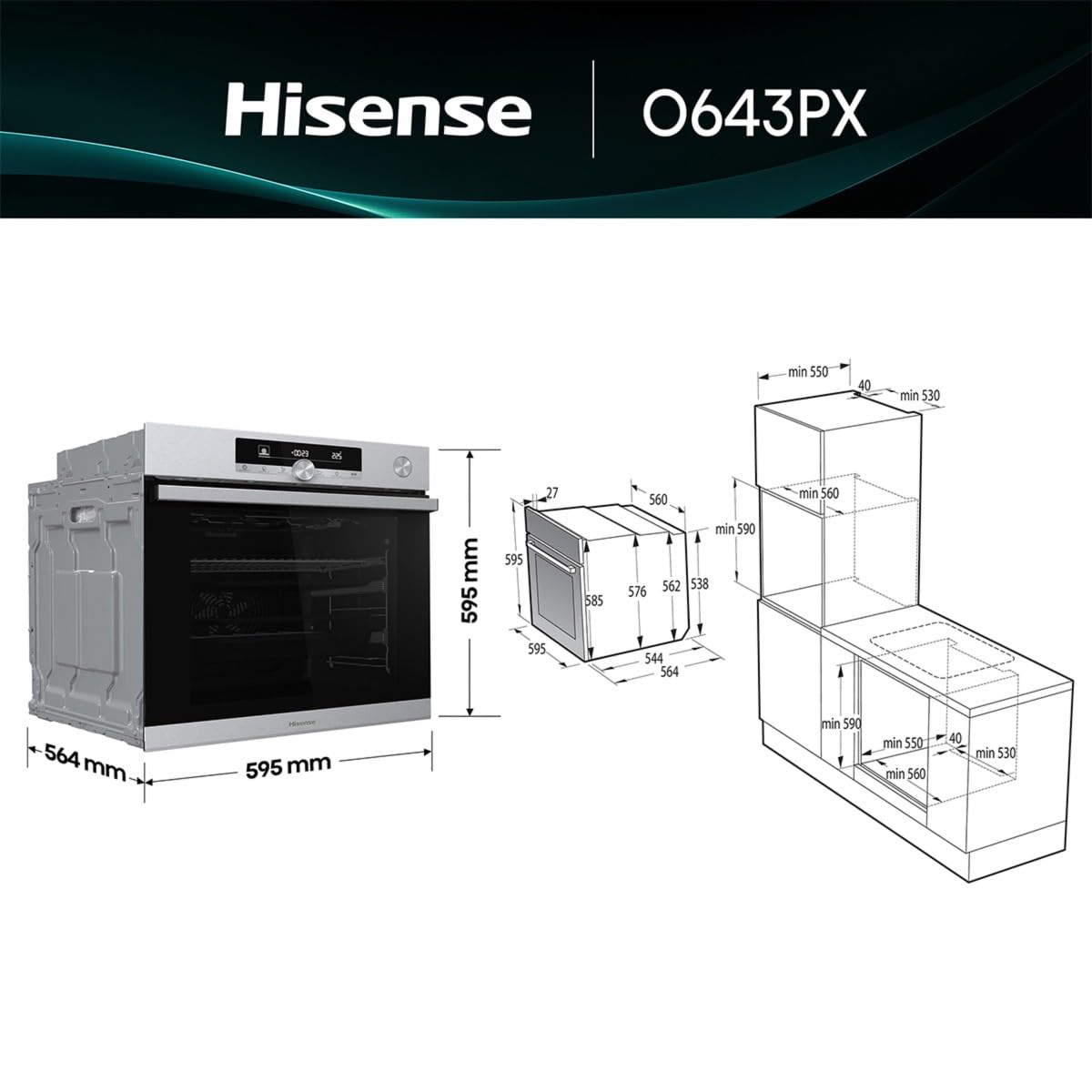 Four électrique multifonction Hisense O643PX, encastrable, 77 litres, 60 cm, combiné, vapeur, fonction pizza 300°, pyrolyse, couleur inox, classe énergétique A+