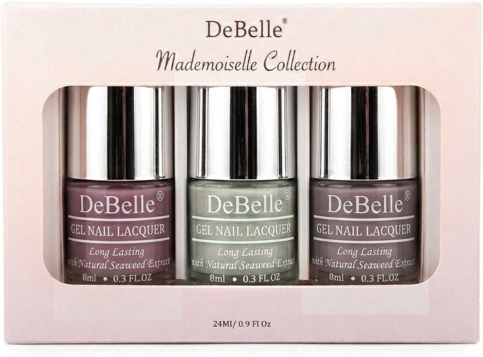 Mademoiselle Classic Nudes Nail Polish gift set of 3 Aura Light Mauve Pastel Purple Light Nude ml 8 ml each, Laura Aura Vintage Frost, Natural Blush, 24 millilitre