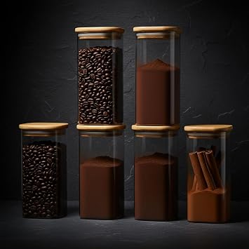 Deconox 6’lı Bambu Vakum Kapaklı Cam Baharatlık Seti, Hava Almaz Silikon Contalı Lüks Erzak Saklama Kabı, Modern Mutfak Düzenleyici Kavanoz 250ml-300ml-400ml Seçenekli (400ML-6,5CM-120CM 6 ADET)