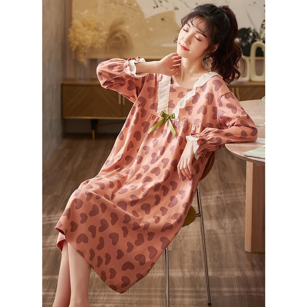 Camicia Da Notte Donna - Camicia Da Notte In Pizzo Con Colletto Quadrato Camicia Da Notte In Cotone Camicia Da Notte Lunga Da Principessa Carina Camicia Da Notte A Maniche Lunghe Con Stampa A Cuore