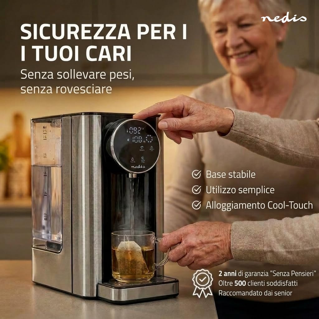 Nedis KAWD310FBK erogatore di acqua calda – serbatoio da 2,7 L – potenza 2600 W – riscaldamento rapido – controllo touch – alluminio/nero