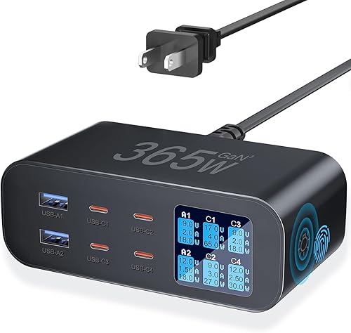Cargador USB C de 365 W de 6 puertos con pantalla LED de brillo ajustable, estación de carga USB, cargador rápido multipuerto PD 100 W 65 W QC 3.0