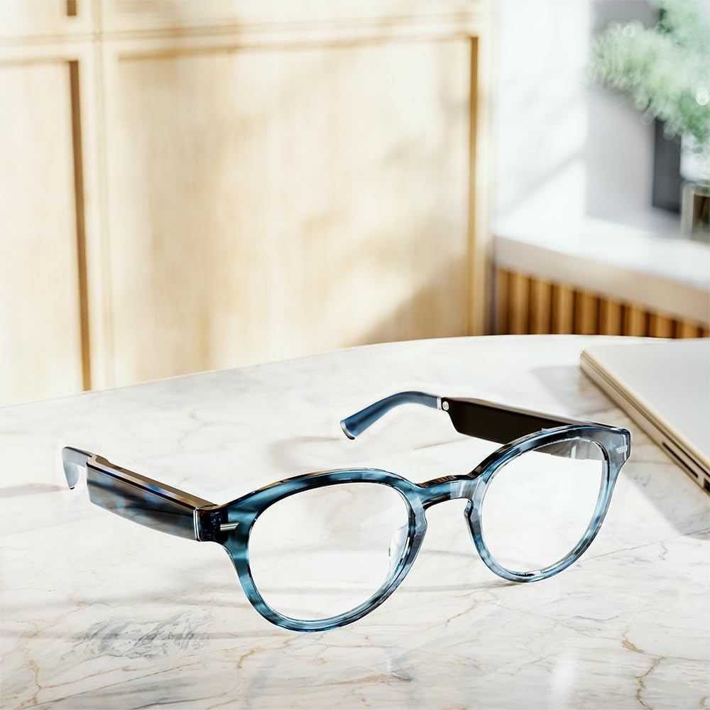 Amazon Echo Frames (newest model), Smart glasses, Designed for Alexa+, Round frames in Blue Tortoise with blue light filtering lenses