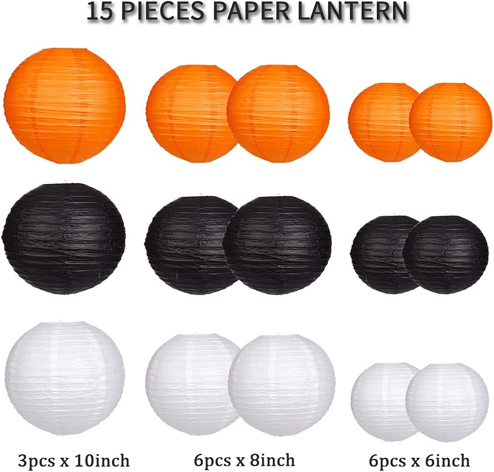 Paper Lanterns Decorative, Party Supplies for Halloween Thanksgiving Birthday Party Decorations Black/Orange/White 15pcs