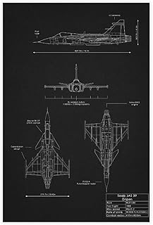 JAS 39 Gripen Blueprint Retro Poster Canvas Poster Wall Art Decor Print Picture Paintings for Living Room Bedroom Decoration Unframe:12x18inch(30x45cm)