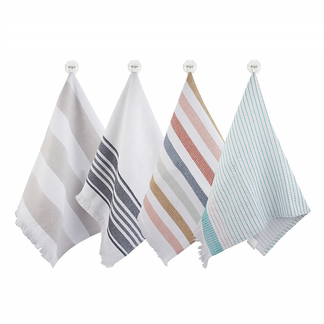 TCMAO 100% Cotton Kitchen Towels, 4 Pack Absorbent Tea Towels 14"x24" Reusable Machine Washable Dish Towels Multi-Purpose Fade-Resistant Dish Cloths Lint Free Flat Towels, Striped Tassel