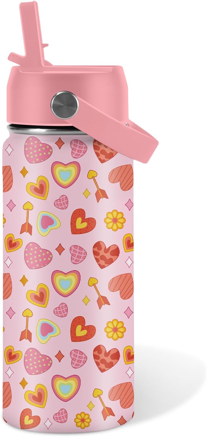 Heart Gifts for Kids - 16 Oz Kids Water Bottle with Straw Lid, Stainless Steel Insulated Tumbler, Leak Proof, BPA-Free, for Girls, School, Travel - Heart Pattern Children Birthday Gifts Cups(1pc)