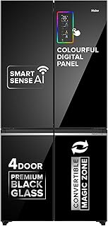Haier 630L Lumiere French Door 4 Door Side by Side Frost Free Refrigerator|Convertible|Wi-Fi|Inverter|Colourful Display Panel|Motion Sensor|My zone|Sun Lit Interior (HRB-700KGU1, Black Glass)