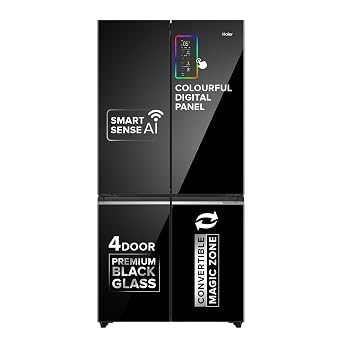 Haier 630L Lumiere French Door 4 Door Side by Side Frost Free Refrigerator|Convertible|Wi-Fi|Inverter|Colourful Display Panel|Motion Sensor|My zone|Sun Lit Interior (HRB-700KGU1, Black Glass)