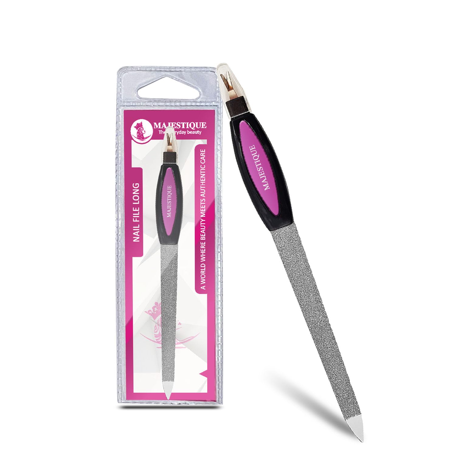 MAJESTIQUE Stainless Steel Filer | Professional Nail Shaper for Women | 2 in 1 Cuticle and Nail File With Cap | Nail File Long for Girls | Manicure Pedicure Nail Tool (Color May Vary)
