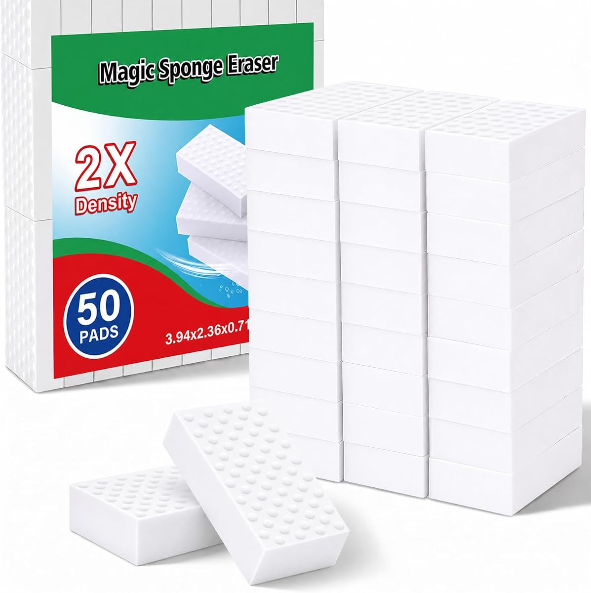 Paquete de 50 borradores de esponja mágicos de melamina de alta densidad, nanoalmohadillas de limpieza extra duraderas, suministros para fregadores multisuperficie que no se desmoronan para paredes, zapatos, cocina y baño, solo agregue agua
