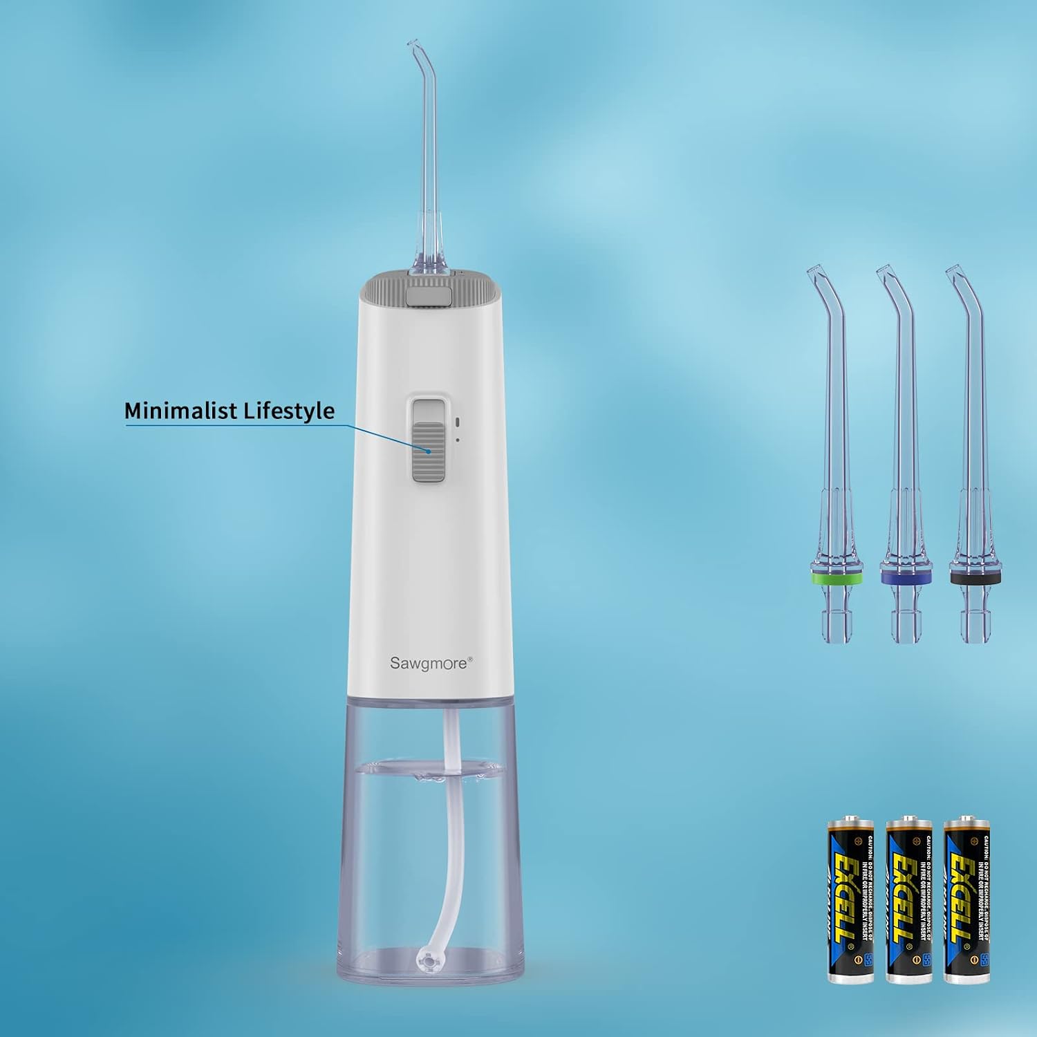 Sawgmore Cordless Water Flosser with three jet tips and AA batteries