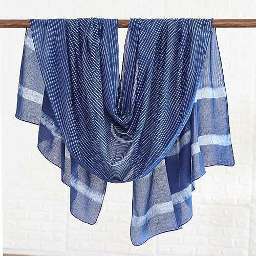 NOVICA Artisan Handmade Cotton Shawl Blue White Mud Resist Striped Block Print Accessories Shawls India ' Dabu Blue'3