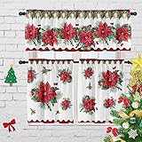 Cuteiush Christmas Poinsettia Curtain Valances Set, Red and Green Rod Pocket Festive Xmas Decor for Kitchen, Bedroom, Bathroom, Laundry Short Curtains 52Lx18W inch 36Lx26W inchx2, 3 Panel Set