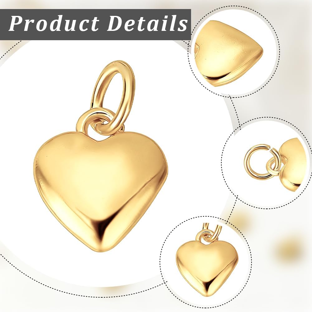 Beebeecraft 10Pcs Tiny Gold Heart Charms 24K Gold Plated Brass Puffy Heart Charms Valentine Hearts Charm for Jewelry Making DIY Crafts Dangle Earring Bracelet Supplies