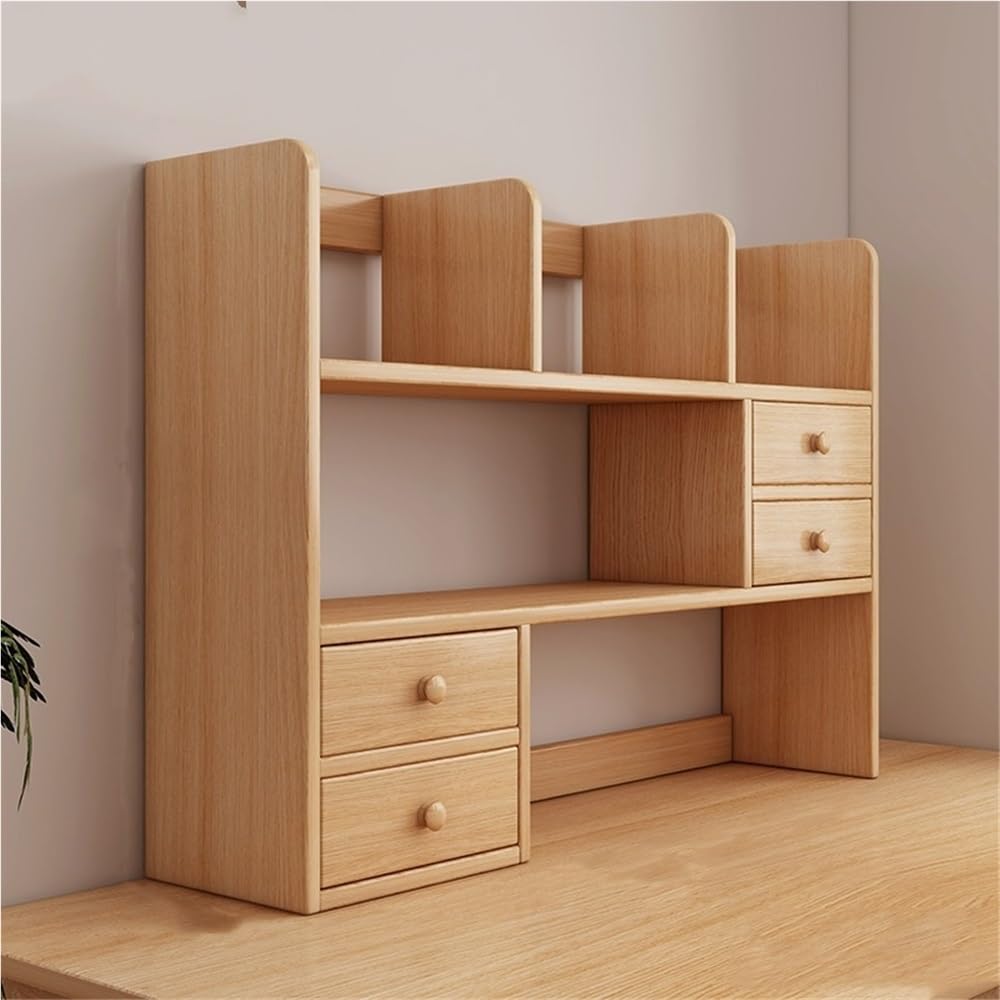 Escritorio de madera maciza natural con 4 estantes multicapa para el hogar y la oficina, 113 cm x 17 cm x 80 cm, Functal & Ele
