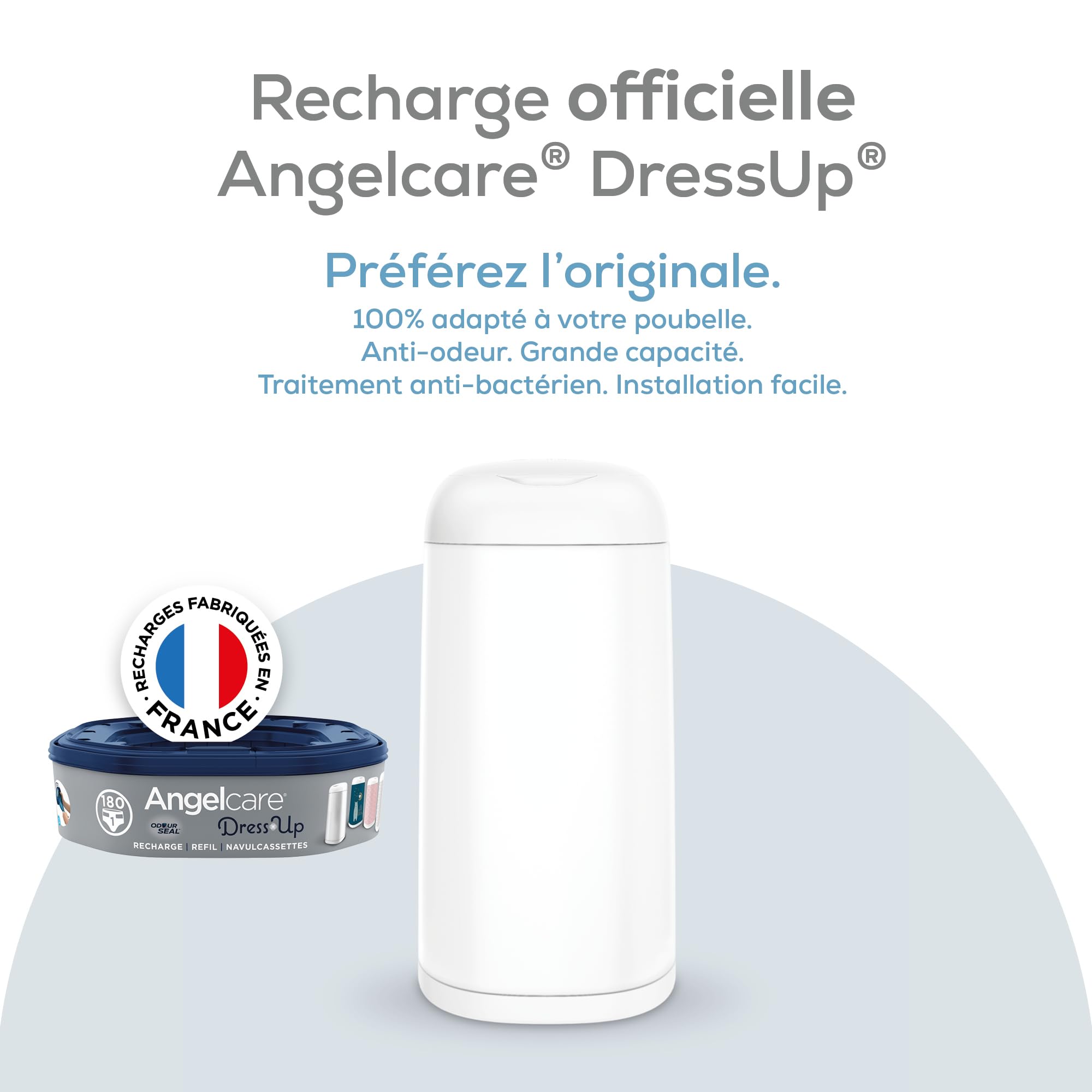 Angelcare Poubelle à Couches + 3 Recharges Anti Odeurs/Grande Capacité Antibactérien Usage Simple Dress Up, Blanc