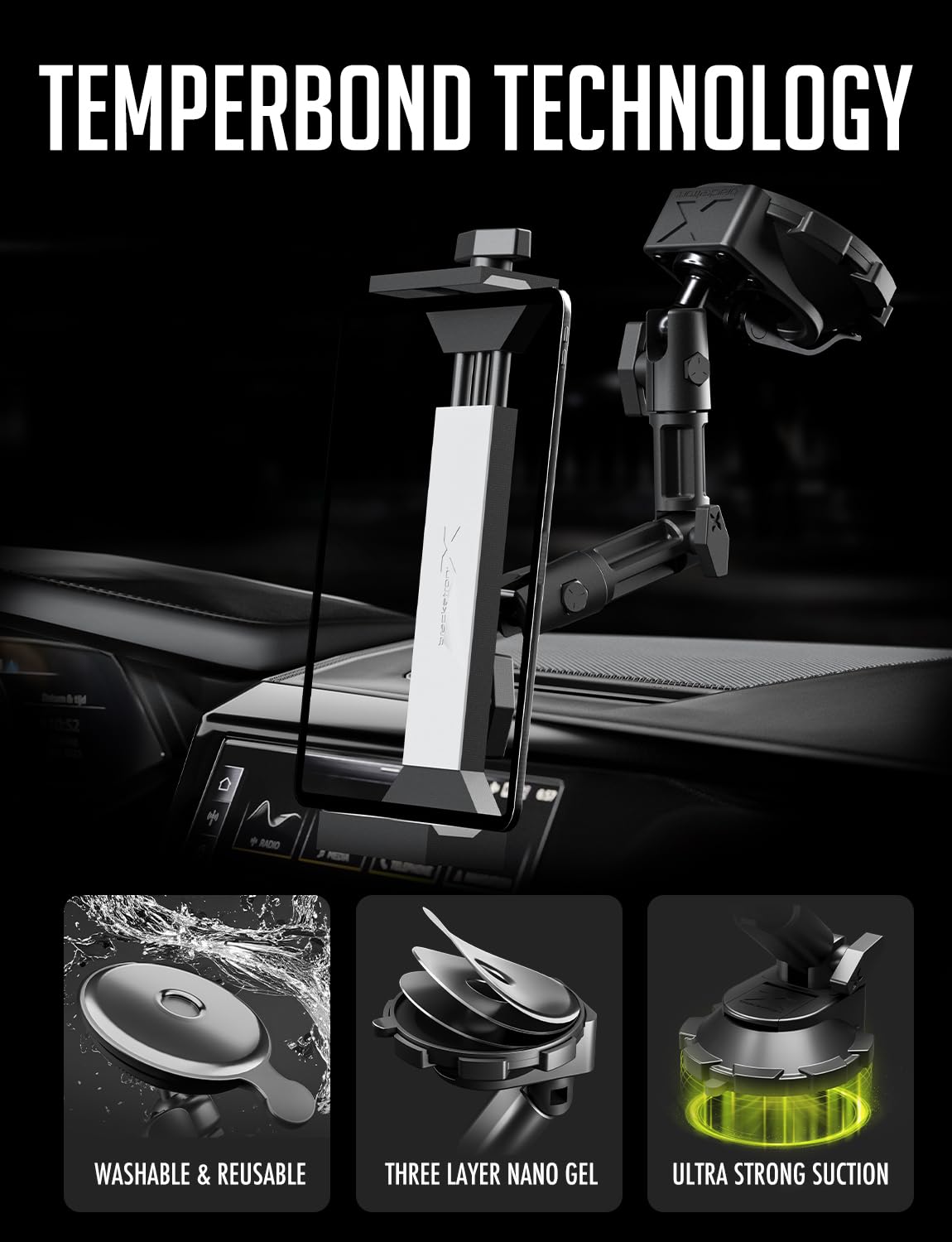 Bracketron HD Tablet Dock PRO Dash and Window metalowy uchwyt zaciskowy, uniwersalny uchwyt na tablet do samochodów osobowych i ciężarowych, kompatybilny z tabletami o szerokości do 25 cm