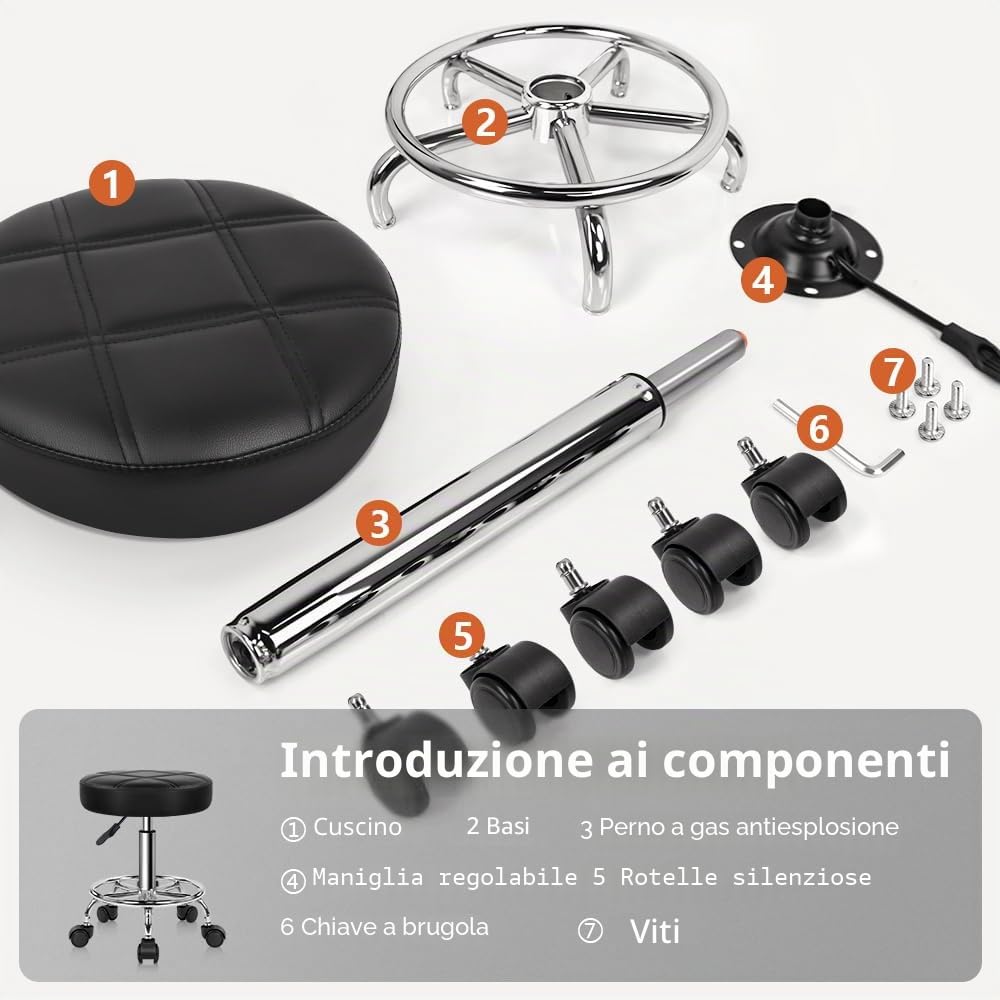 KKTONER Sgabello Rotondo con Ruote Regolabile, Sedia da Lavoro Imbottita con Cuscino in Pelle, Piccolo e Confortevole, per Casa, Parrucchiere, Ufficio, Studio Nero