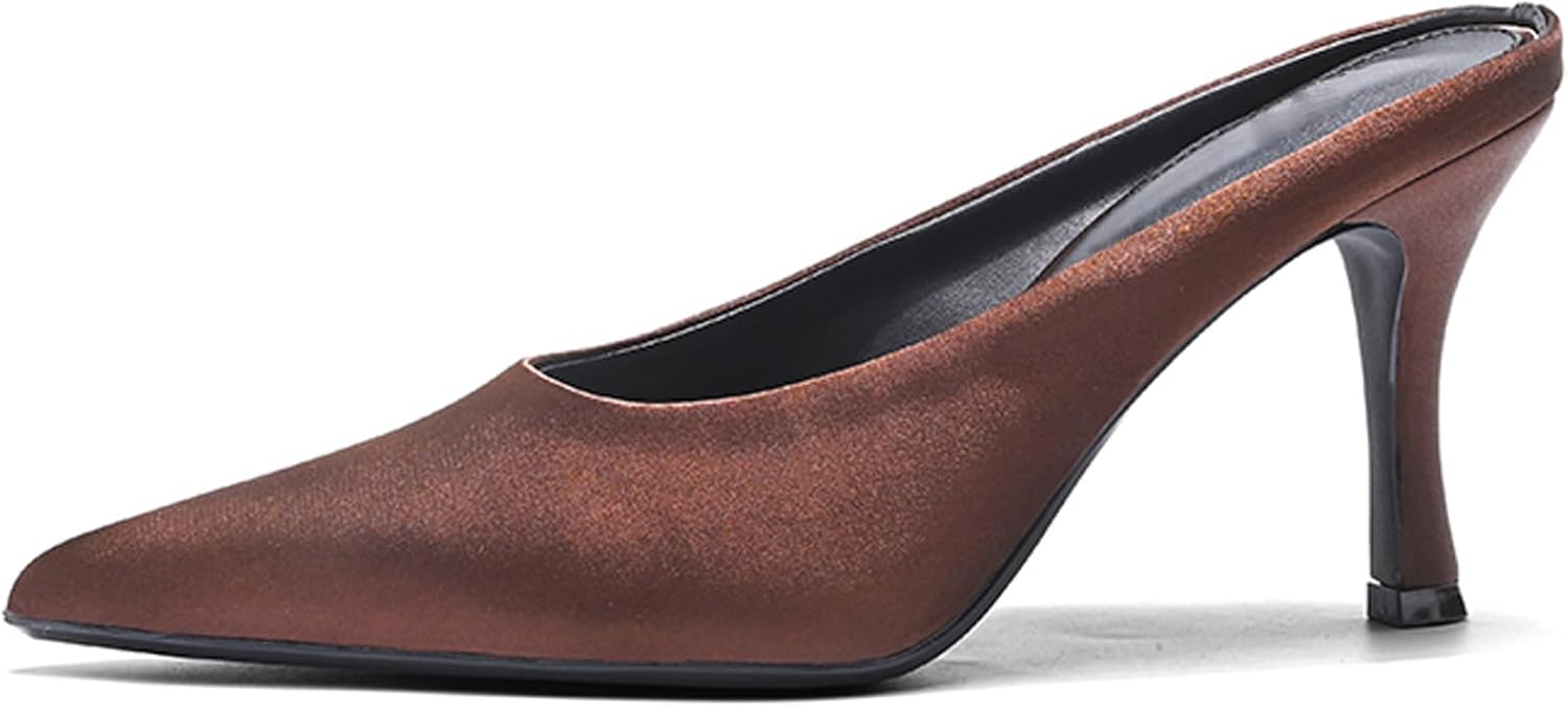 Women's Satin Closed Pointed Toe Stiletto Mules Slides Fashion Slip On Comfort Kitten Heel Slingback Party Clogs Pumps Backless Low Heel Dress Sandals for Wedding Dinner Prom - Image 3