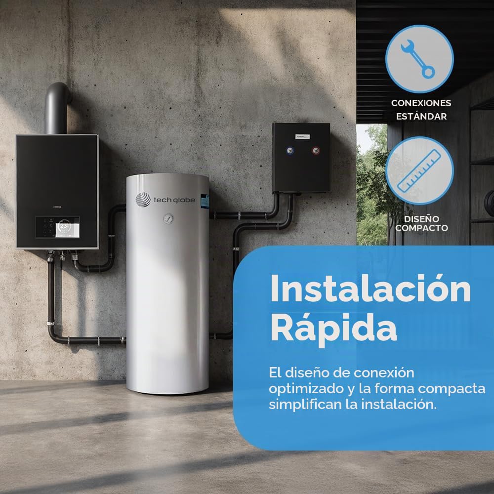 TECHGLOBE - Acumulador de agua caliente - 2 intercambiadores de calor (1,8 + 2,4 m²) - acer inoxidable - bajo consumo energético - aislamiento de 50 mm - Termo vertical (200 L)