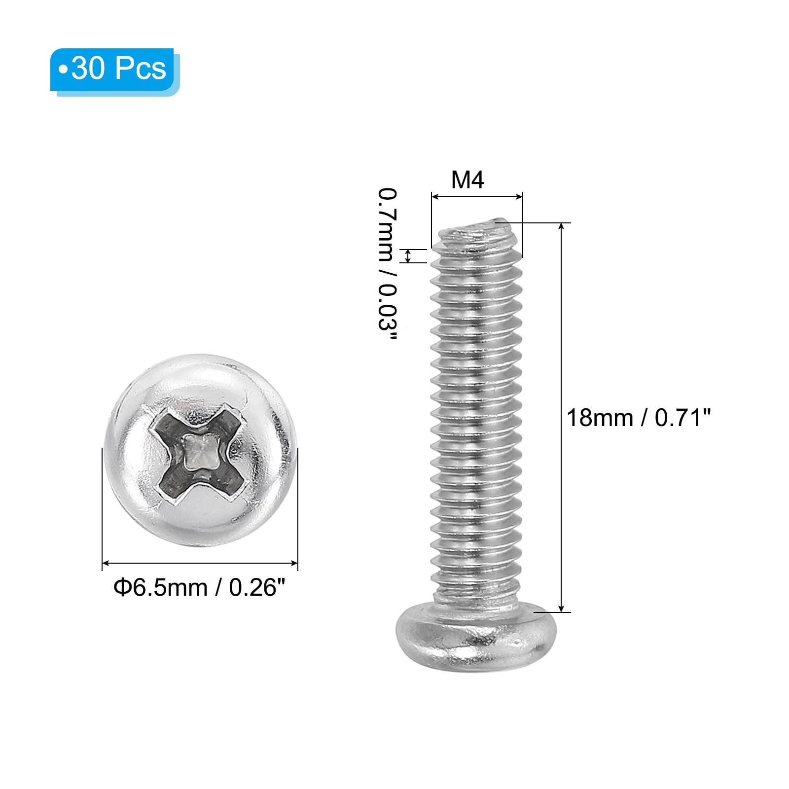 PATIKIL Phillips Pan Head Screws, 30 Pack M4-0.7 x 18mm 304 Stainless Steel 18-8 Full Thread, Pan Head Machine Phillips Drive Screw - Image 2