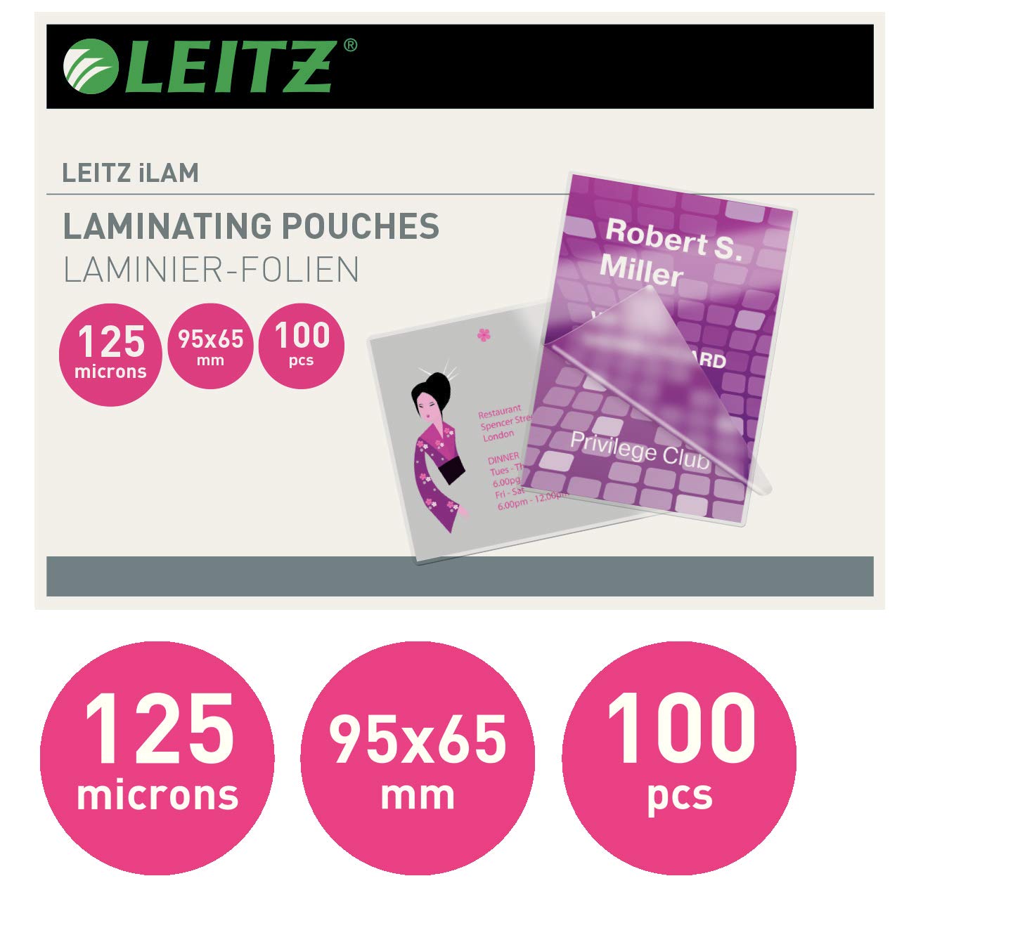 Leitz Pouch Per Plastificazione - 125 Micron, 65x95 Mm, Trasparente, Confezione Da 100 - Foto 3