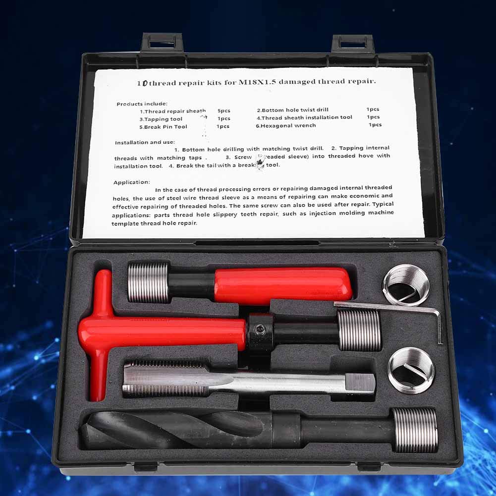 Kit di Riparazione Filettatura M18x1.5, Set di Cacciafili Portatili 10 Pezzi, Kit di Riparazione Inserti Metrici Filettati Kit di Riparazione Filettatura, Set di