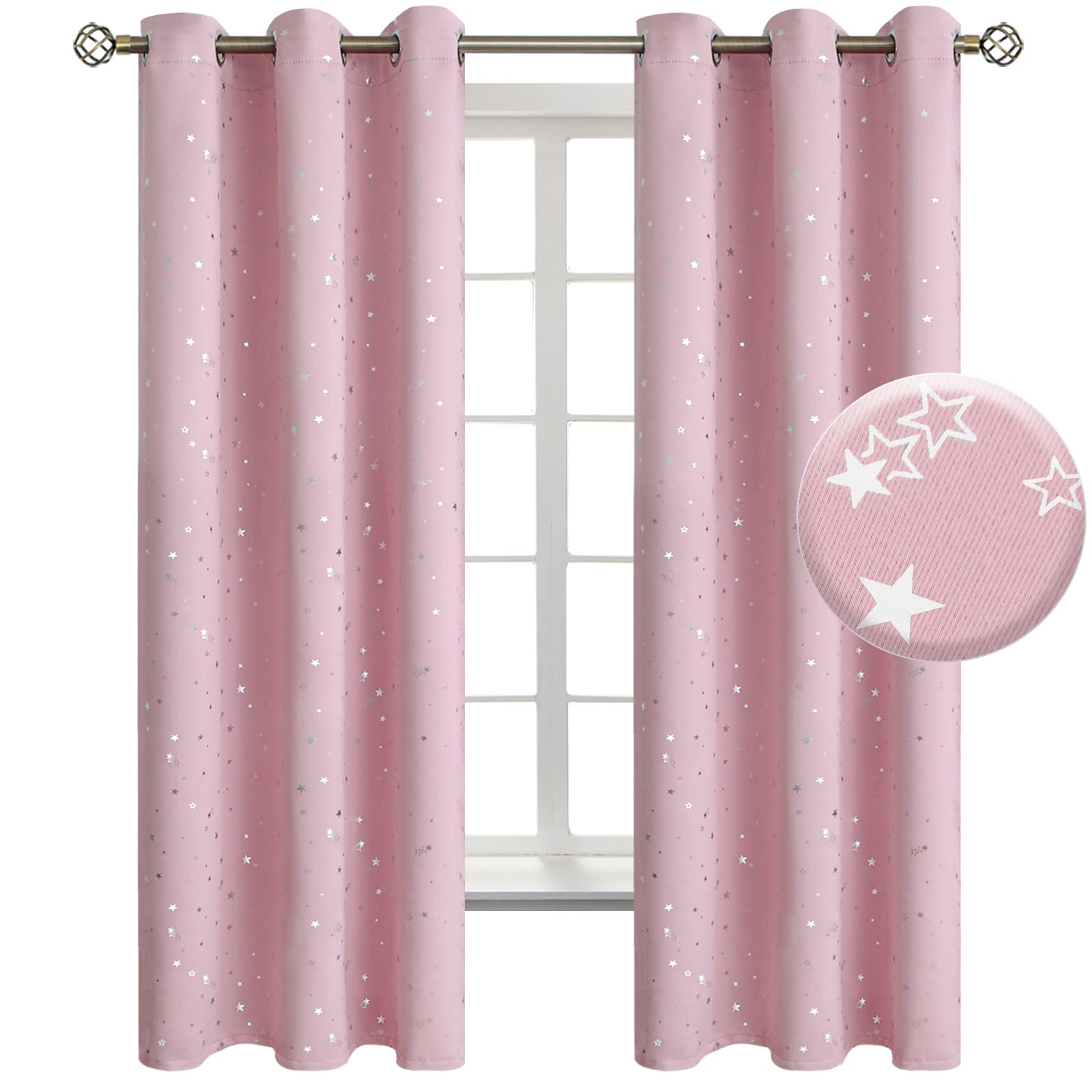 BGment Baby Pink Blackout Curtains for Kids Bedroom 63 Inch Long - 2 Panels | 38x63 Inch, Silver Star Printed, Grommet top, for Nursery Children Play Room, Sunblock, Thermal Insulated, Window Drapes