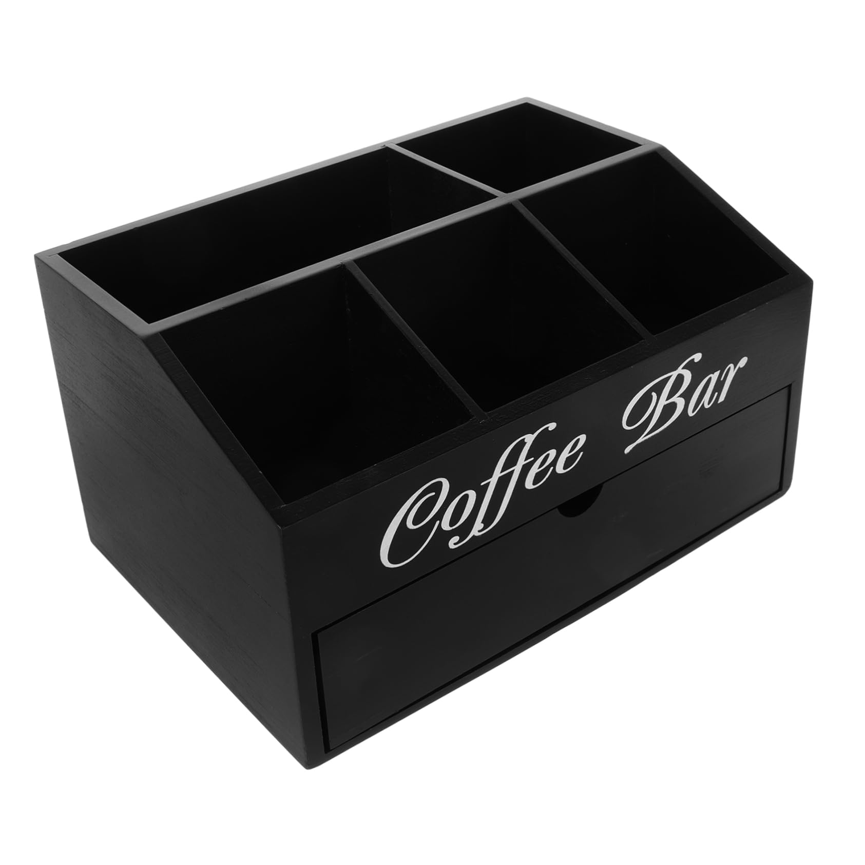 Caja Organizadora de Barra de Café de Madera Negra | Diseño de Compartimentos, para Sobres de Azúcar, Pajitas y Servilletas, Uso en Encimera