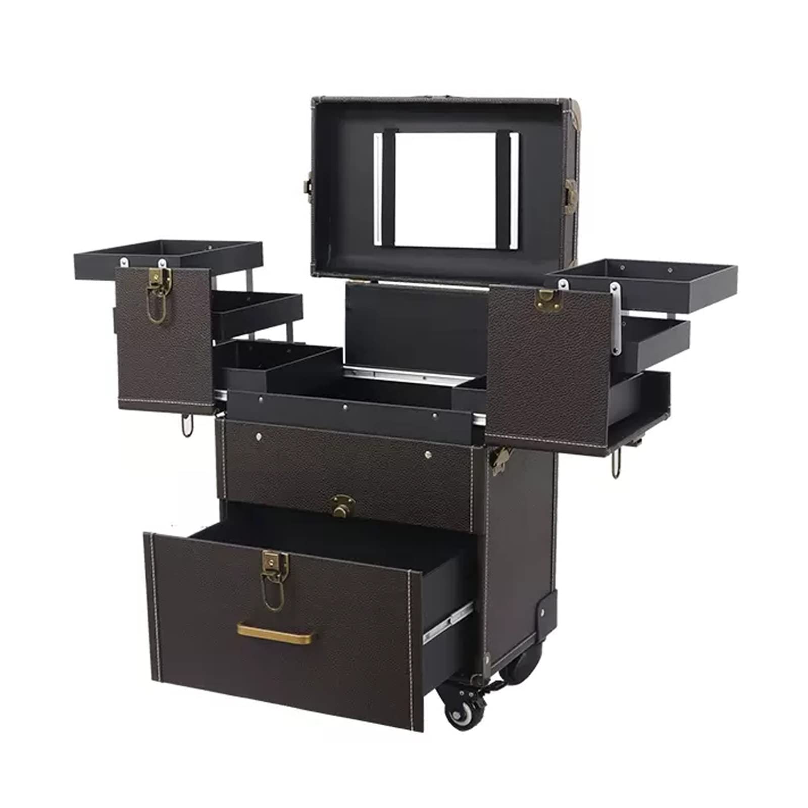 Beauty Makeup Train Case Reisetrolley Kosmetiktasche Rolling Organizer Vanity Box, Rolling Makeup Case Reisetrolley mit Rädern Kosmetiktrolley, Schwarzer Kosmetikkoffer mit Spiegel