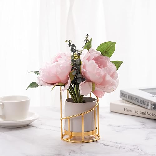 Miniatura 5 de Soporte de bolígrafo blanco y dorado para escritorio, vaso de lápices, soporte de cerámica con marco de metal, soporte para brochas de maquillaje