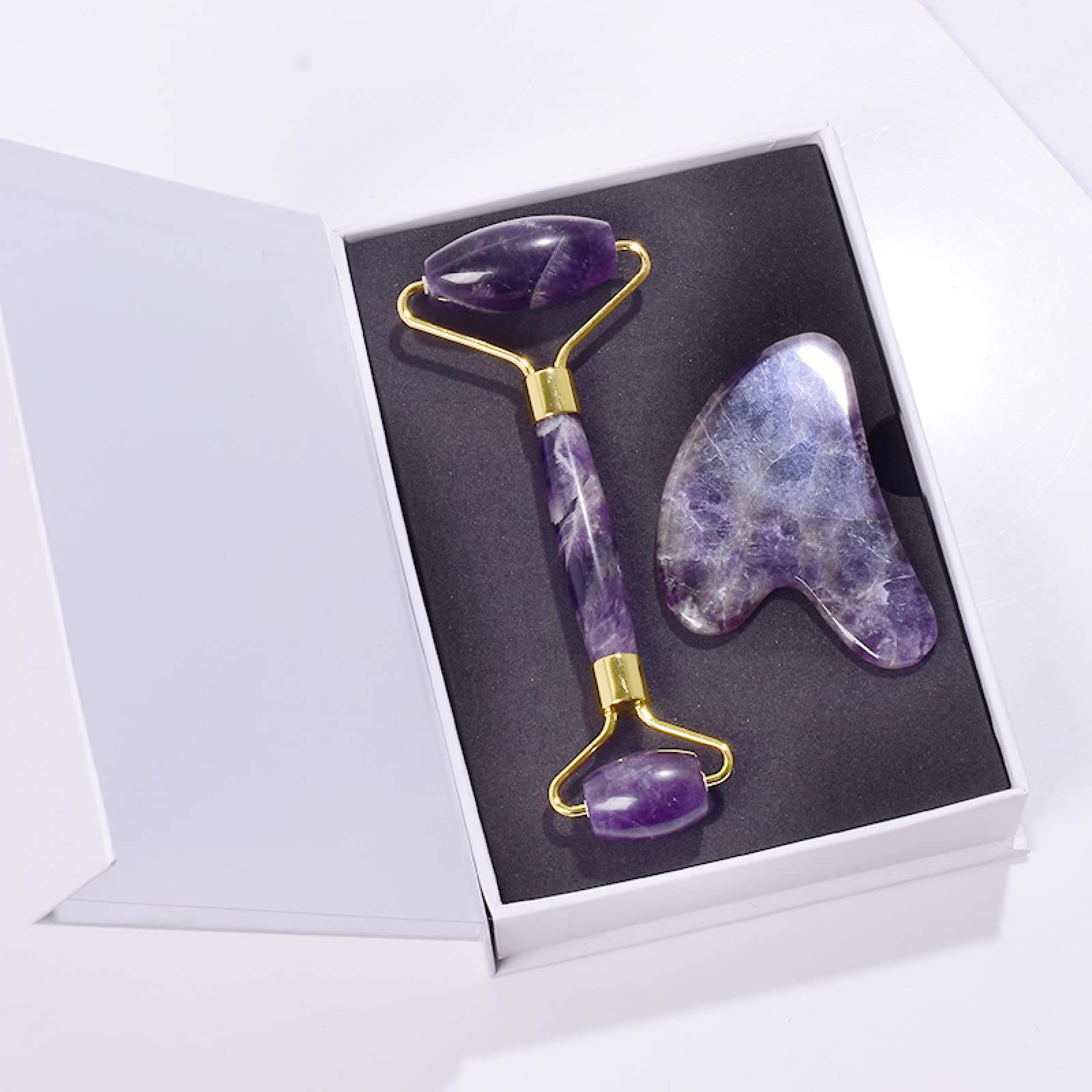 Masajeador de Amatista, Rodillo Facial de Piedra Natural, Conjunto de Herramientas Gua Sha, Masaje de Cristal raspado, Caja de 2 Piezas decoración de la habitación