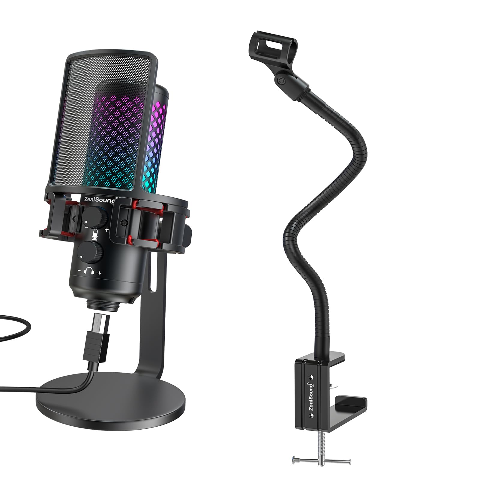 ZealSoundGaming USB RGB Microphone BKD-12a and gooseneck Flexible Microphone arm Stand H1