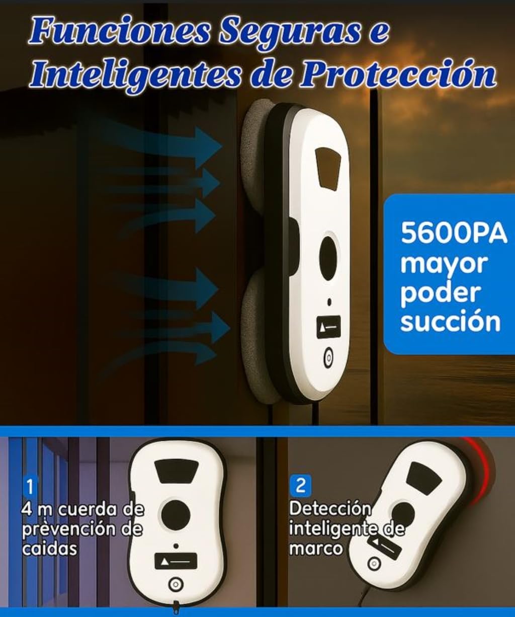 Genérico Robot Limpiacristales 3 en 1 con Spray Automático – 5600 Pa de Potencia, Control por App y Mando, Sistema de Seguridad Anti-caídas, 8 paños de Microfibra Gratis.
