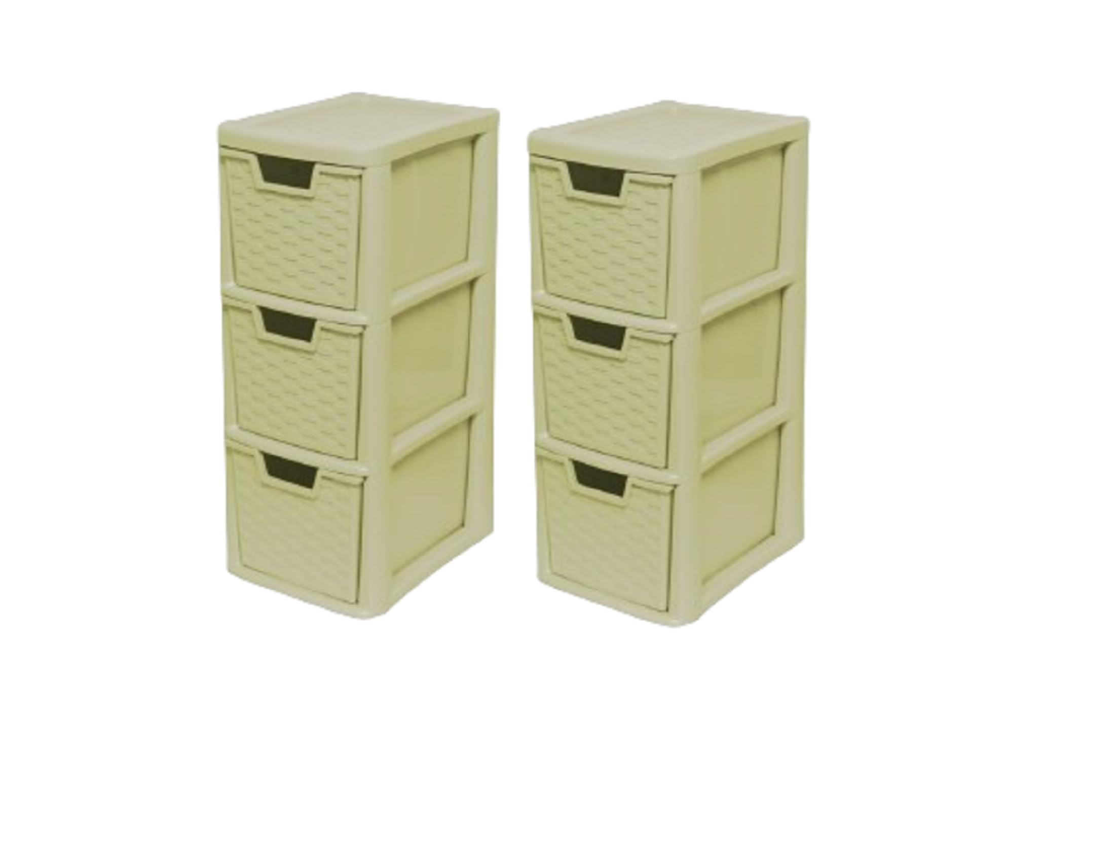 Khanary Cream 2 Pack 3 Tier Rattan Style Medium Chest Drawer Plastic Tower Storage Unit | Tabletop Desktop Organizer Games Crafts Toys Files Paperwork Kids Room School Home Office | 2 Pack 3 Tier Medium