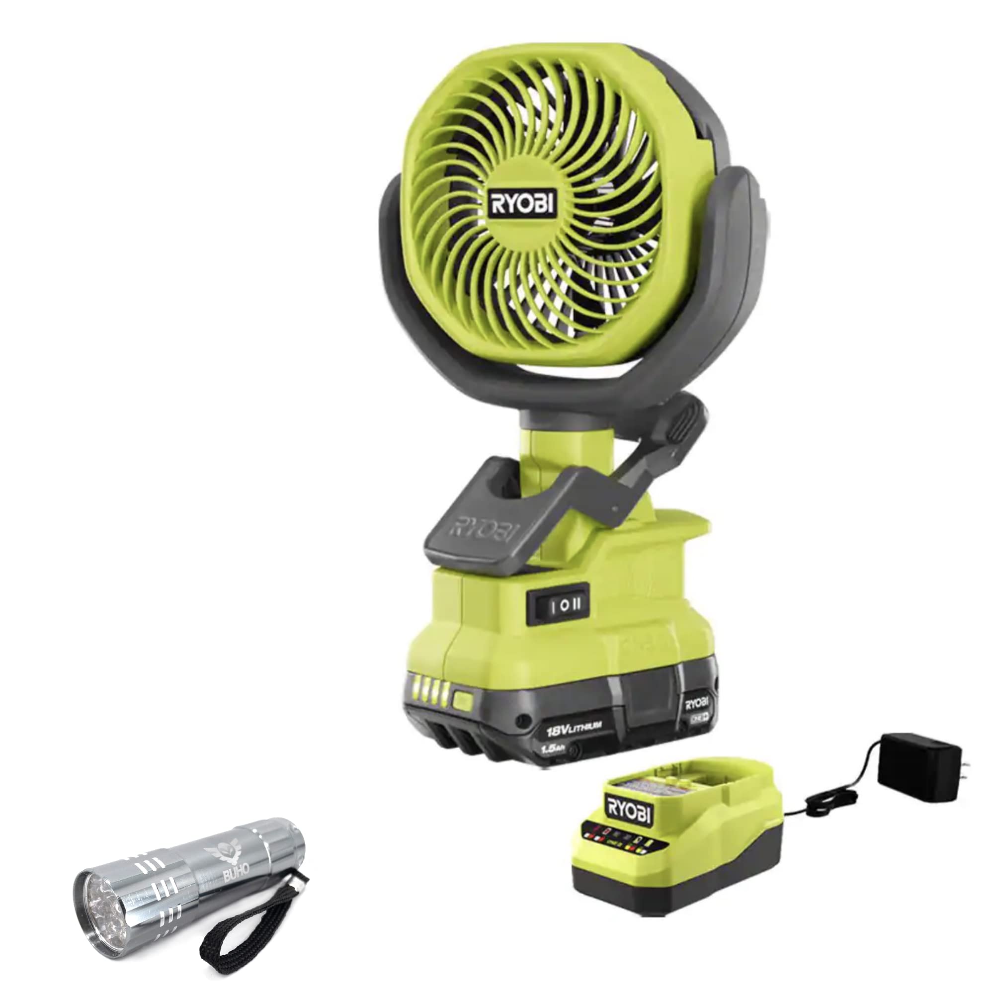 Cordless 4 Inch Clamp Fan, Ryobi 1.5 Ah 18-Volt Lithium-ion Battery, Charger and Buho Pocket Flashli