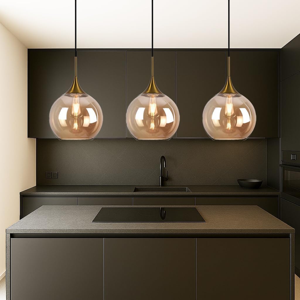 Lampadario a sospensione decorativa in metallo con sfera in vetro attacco E27 lampada contemporanea (Argento/Oro) A72 (ORO)