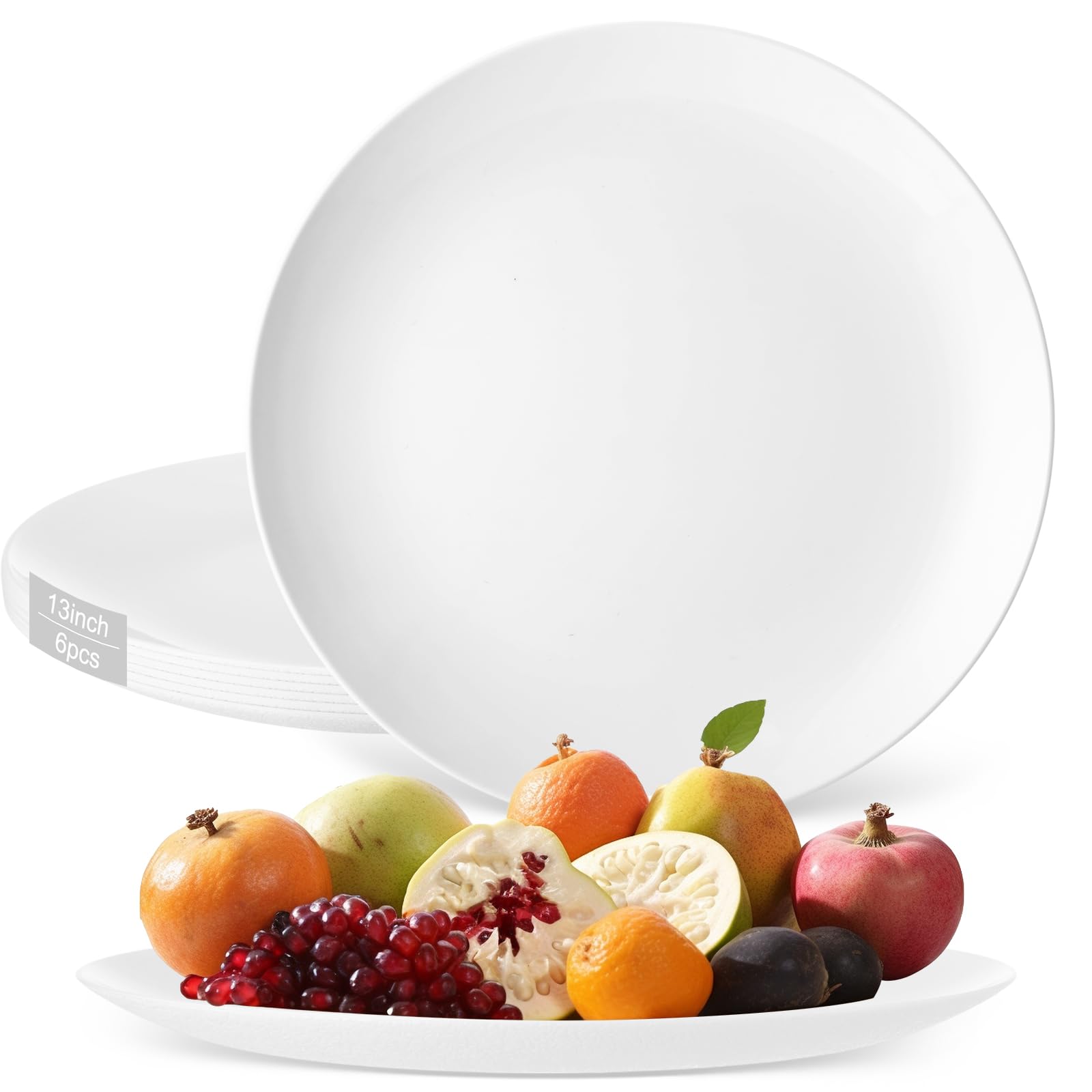 Rtteri 6 Pcs Round Plastic Serving Platters, 13 Inch Large Plastic Dinner Plates White and Gold Serving Trays for Wedding Party Heavy Food Cake Cookie Fruits Plates Buffet Birthday Supplies (White)