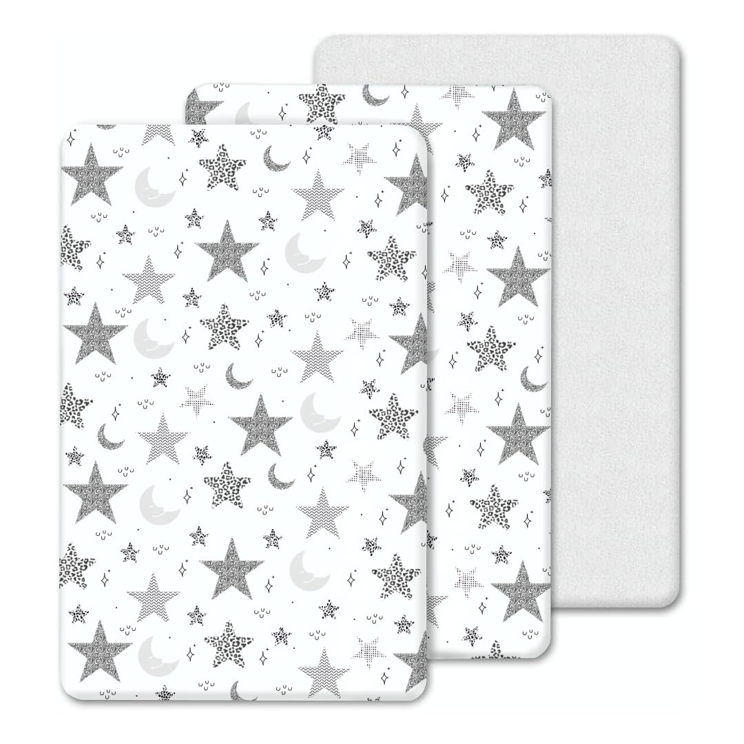 3 Pack Next To Me Compatible Crib Fitted Sheets - 100% Cotton 2 Fitted Sheets, 1 Waterproof Mattress Protector - Soft and Breathable (Moon&Stars, 85x51 cm)