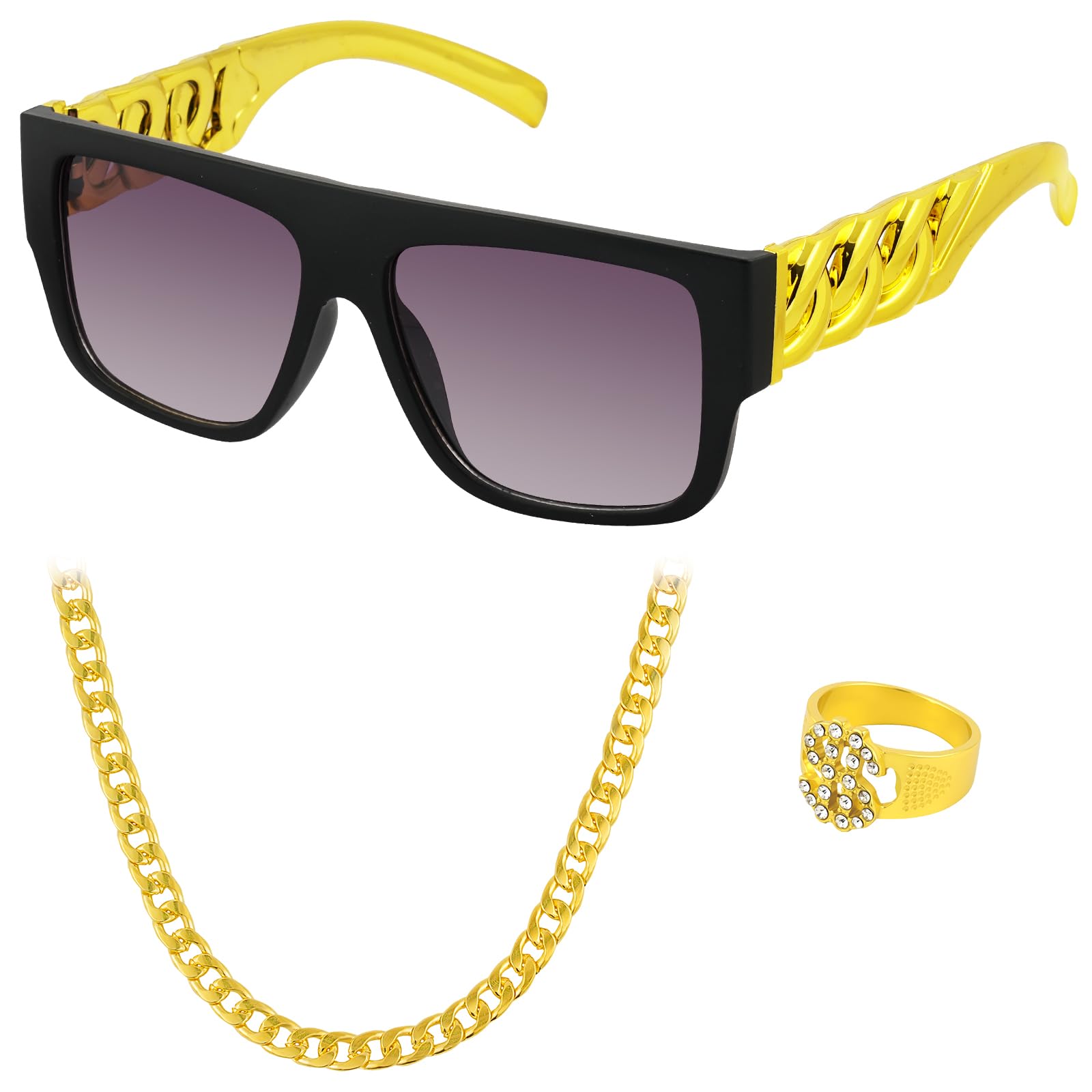 BSBUY 3 Pcs Hip Hop Costume Set 80s 90s Hip Hop Fancy Dress Rapper Fancy Dress Accessories Gold Digger Accessories with Fake Gold Chain Necklace Disco Dollar Sign Ring Sunglasses for Men Women