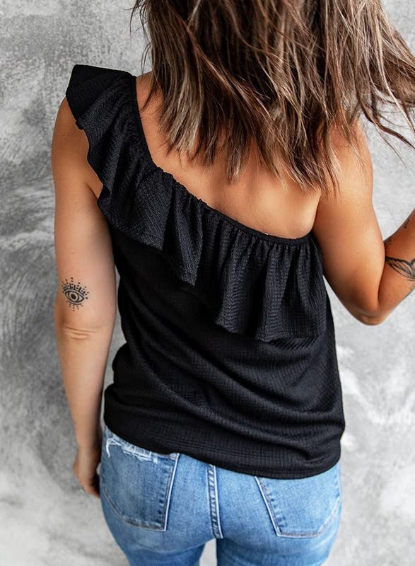 Dokotoo Womens One Shoulder Tops Ruffled Solid Tunic Shirts Sleeveless Loose Tank Top4
