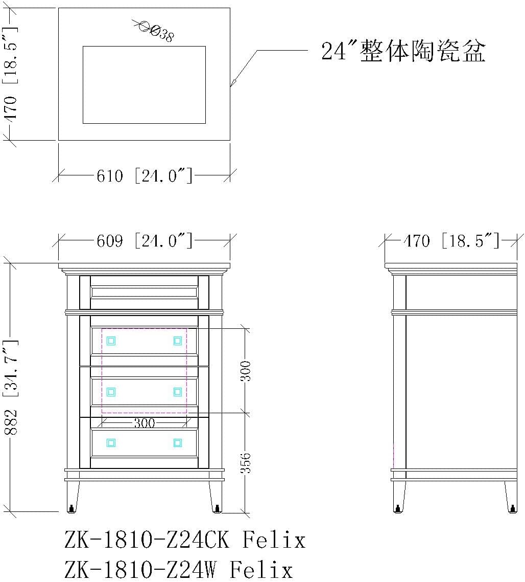 Tennant Brand 24 Inch Felix Bathroom Vanity, Modern Style, Navy Blue Finish, Integrated Porcelain Sink with Overflow, Single Sink, 3 Drawers, Fully Assembled