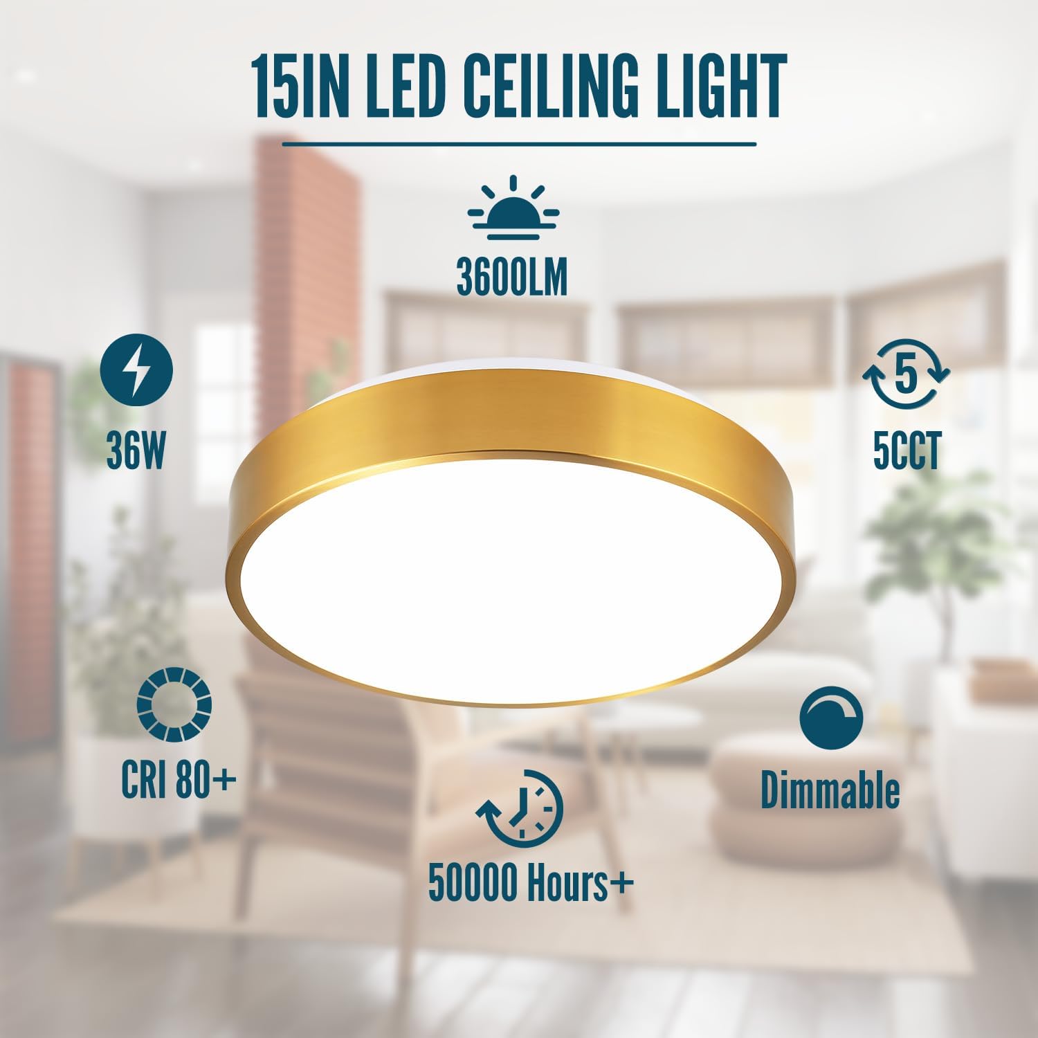 Gold Ceiling Light Flush Mount 15 inch, LED Light Fixtures Ceiling Mount 36W, Dimmable Close to Ceiling Light Overhead 5CCT for Living Room, Kitchen, Bedroom, Bathroom