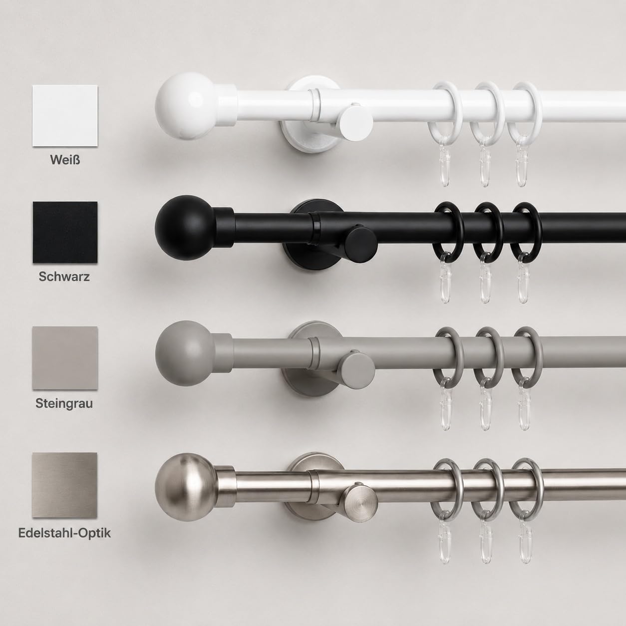 Ausziehbare Gardinenstange 185–340 cm – Komplett-Set mit Kugel-Endstücken, inkl. Träger, Gardinenringen, Faltenlegehaken & Montagematerial, Steingrau
