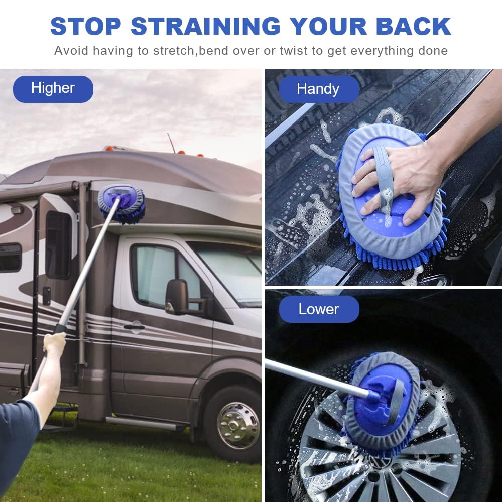 URAQT 160 cm Spazzola di Pulizia per Lavaggio Auto con Manico Lungo, 3 in 1 Spazzola Lavaggio Auto in Microfibra, Versatile Spazzola Auto, Senza Graffi Pulisci Professionale Cura (2 x Teste per Mocio)